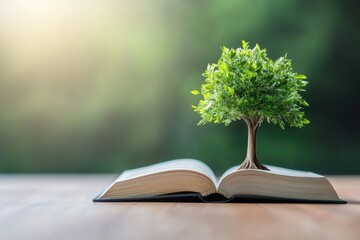 Tree growing from open book symbolizing knowledge and growth on soft focus background