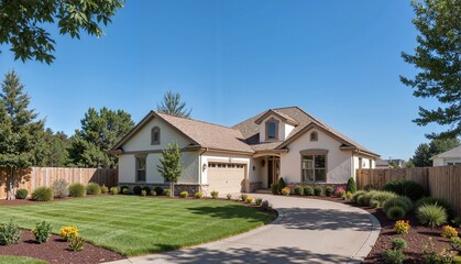 Obraz premium Modern suburban home with manicured lawn and vibrant flower beds, bright sunny sky in the background, real estate concept of landscaping or gardening