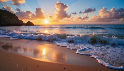 Stunning sunset over tranquil ocean waves reflecting golden light on sandy beach with clouds in vibrant colors, serene concept of travel agency or wellness retreat