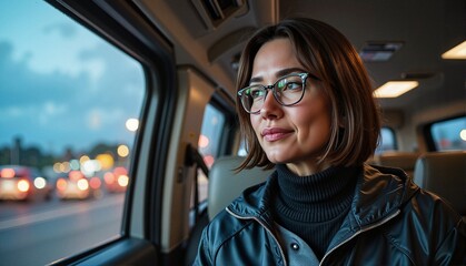 Obraz premium Thoughtful young woman with glasses contemplating life while gazing out of a vehicle window during twilight, urban travel concept of transport or tourism