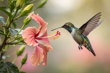 Fototapeta premium Macro Photography of a Hummingbird Delicately Feeding on a Hibiscus Flower, Showcasing Its Vibrant Feathers and Graceful Motion