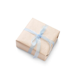 Gift box with blue bow on white background. International Women's Day