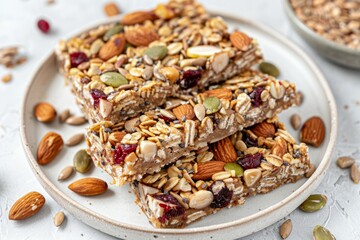 Granola bars on gray plate with nut and seed toppings. Artificial intelligence image