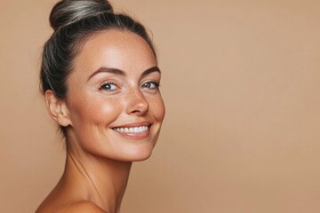 Attractive woman with natural skin and freckles looking confident and happy. Generated AI