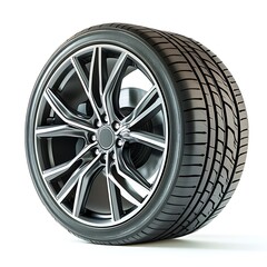 Obraz premium Car Tire and Alloy Wheel with Tread Pattern Isolated on White Background