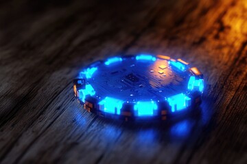 Futuristic glowing circuit board chip on dark wooden surface.