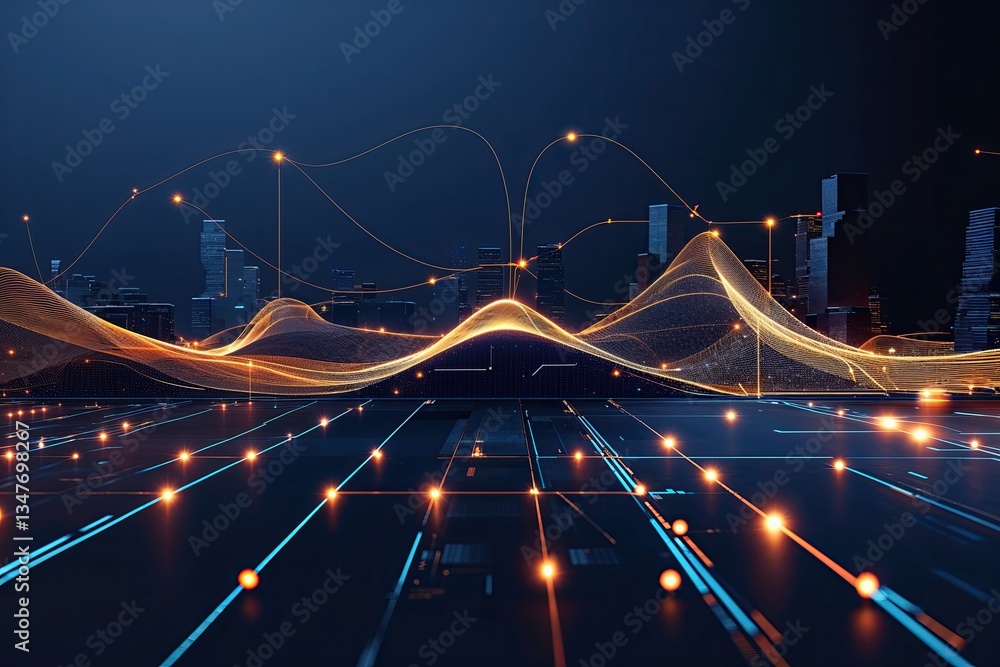 Poster sophisticated digital artwork featuring a deep navy background with a technological grid and connect