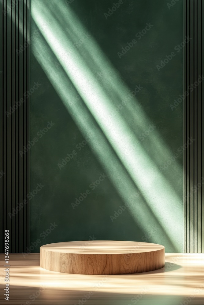 Poster minimalist presentation stage with light and shadow on a green textured background