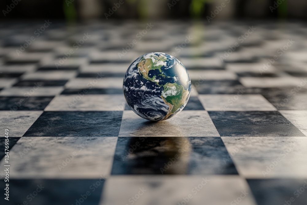 Aufkleber a small globe is sitting on a checkered floor. concept of curiosity and wonder about the world and i