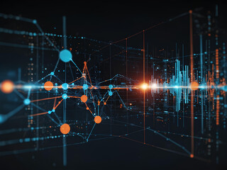 This digital abstract image presents a detailed network of nodes and lines, with blue and orange features denoting data points and communication links, advanced technology. Ai Generation