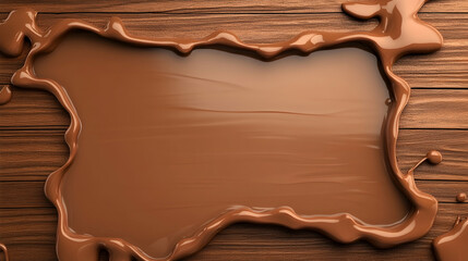 Melted chocolate frame on wood, blank space for text, food background, recipe design