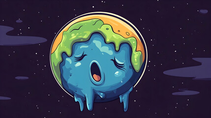 Fototapeta premium Melting Earth cartoon in space; climate change illustration; environmental awareness campaign