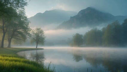 Fototapeta premium Misty sunrise over tranquil lake, reflecting mountains & trees