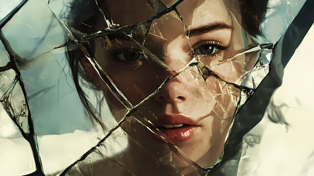A woman's face partially visible through cracked glass, conveying themes of fragility and distortion, emphasizing a mental state. Broken Reflection. Illustration