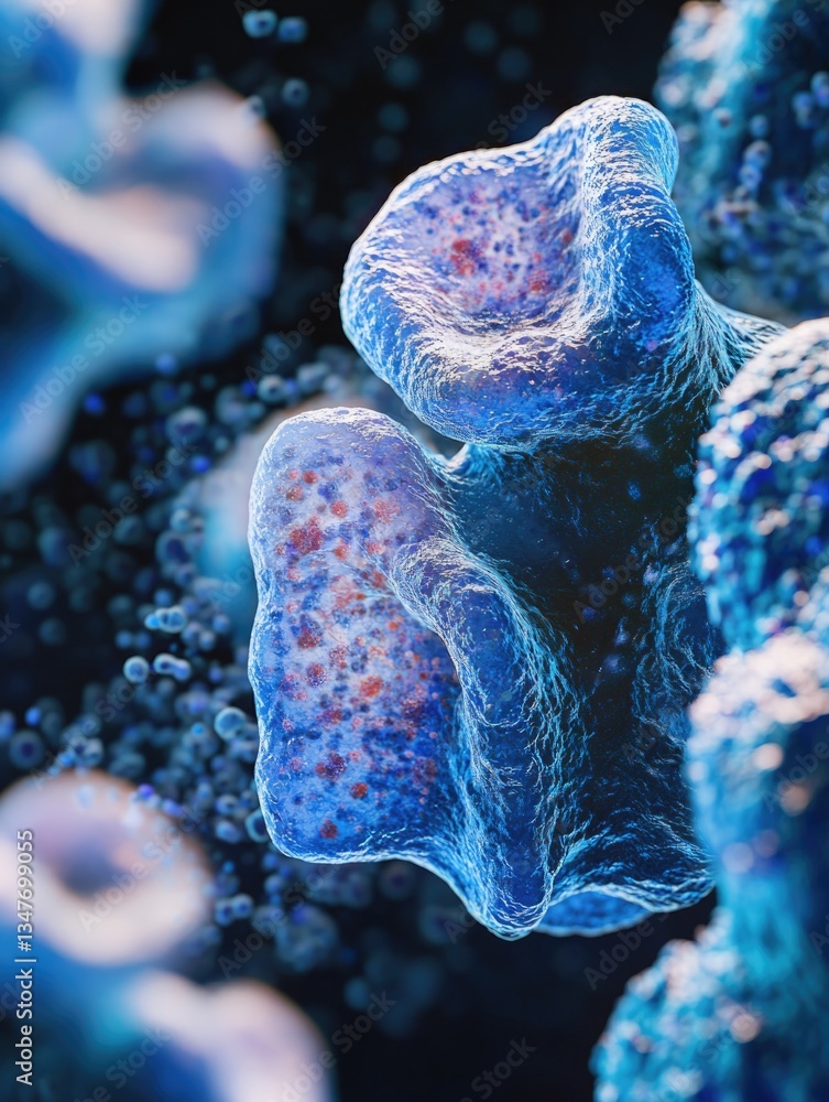 Aufkleber microscopic image of cells with a virus particle and bacteria in blue, showing cellular membranes an