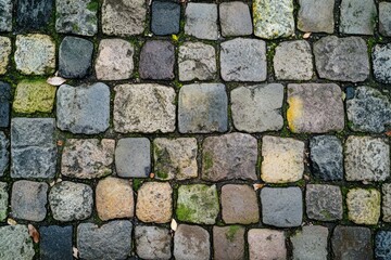 Cobblestone path close-up with varied tones. Artificial Intelligence image