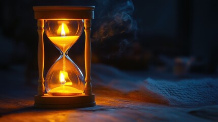 A glowing candle inside an hourglass, evoking a sense of timelessness and the fleeting nature of time.