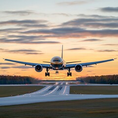 Obraz premium Airplane Landing Sunset Runway Approach.