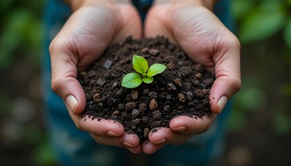 Cupped hands holding dark soil, symbolizing sustainability and nature care. A minimalist, close-up shot highlighting environmental responsibility and growth.