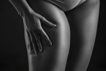 Naklejka premium A woman's legs are shown in black and white. The image has a moody and dramatic feel to it, with the woman's body being the main focus. The lack of color and the use of shadows