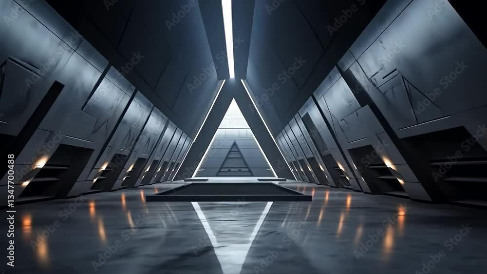 Poster futuristic, spacious corridor with a triangular design and polished marble floor. illuminated by sub