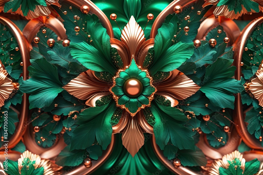 Poster emerald green and copper environmental design: abstract motif with luminous texture and seamless pat