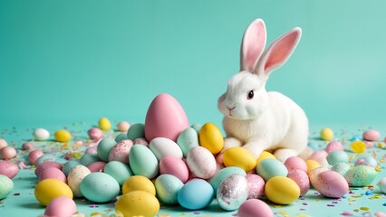 A white rabbit sitting in a pile of colorful Easter eggs.