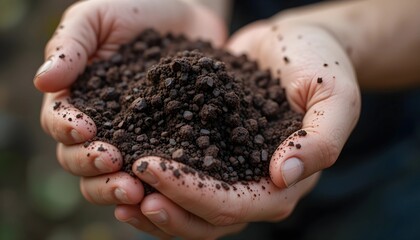 Cupped hands holding dark soil, symbolizing sustainability and nature care. A minimalist, close-up shot highlighting environmental responsibility and growth.