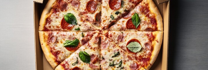 A pizza with pepperoni and basil on top of it is sitting in a cardboard box. The pizza is cut into eight slices and is ready to be eaten