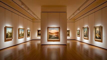 A Warmly Lit Art Gallery Minimalist White Walls Serve as the Perfect Canvas for Showcasing an Array of Stunning Paintings