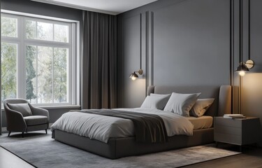 Fototapeta premium A modern minimalist bedroom showcasing comfort and elegant design