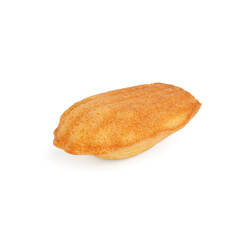 Tasty Madeleine cookie on white background
