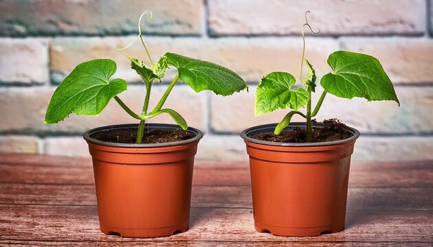 two sprouts of cucumber in pots on a brick wall background