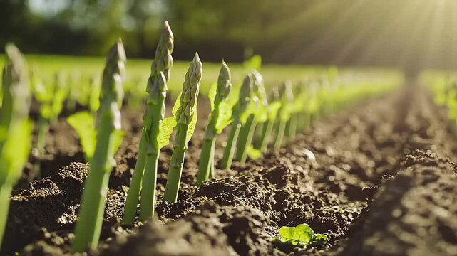 Asparagus Farm: Rows of Young Asparagus Shoots Emerging from the Soil at Sunrise