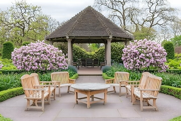 Obraz premium Serene garden gazebo with lilac bushes, stone patio, wooden chairs