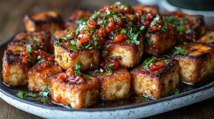 Grilled tofu cubes with chili sauce on platter, food styling