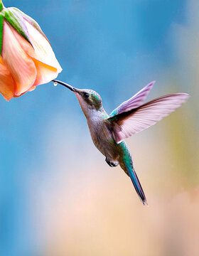 Colibr&iacute; volando y picando a una bella flor.