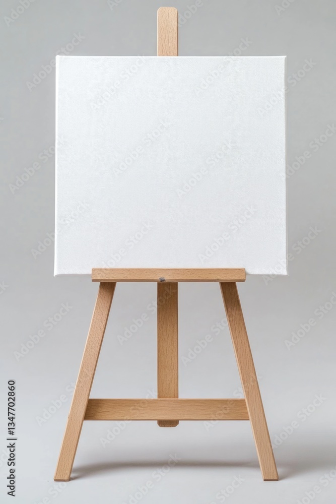 Poster this is a canvas painting presented on an empty wooden easel. the canvas itself has a white backgrou