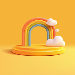 Empty yellow podium, rainbow, clouds, 3D. Fun summer illustration for advertising children's goods, promotional offers, sales, vector illustration.