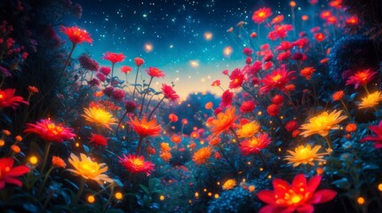 Magical Firefly Garden Night Scene with Glowing Flowers