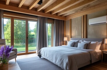 Luxurious bedroom features a bed near large windows and wooden beams