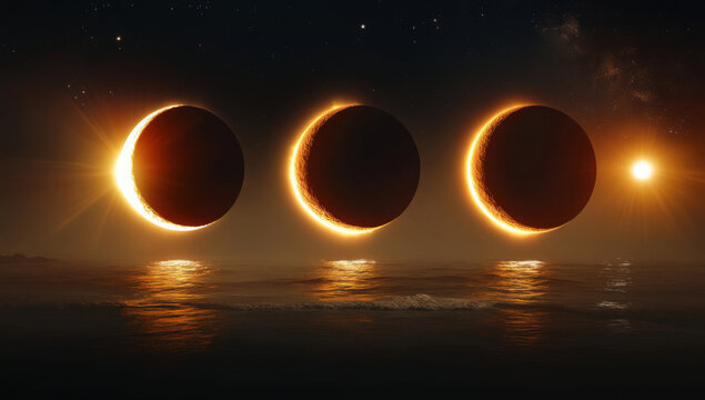 Solar eclipse in different phases. cosmos with moon and sun in total and partial solar eclipse and stars isolated on transparent background, vector realistic illustration. Ecliptic Light. Illustration