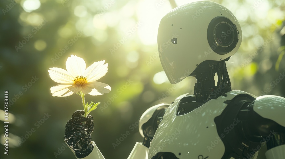 Poster a robot is holding a flower in its hand. the robot is white and black in color. the scene is set in 