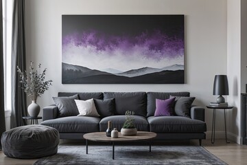 Elegant Minimalist Landscape Canvas Art in Charcoal and Amethyst Tones