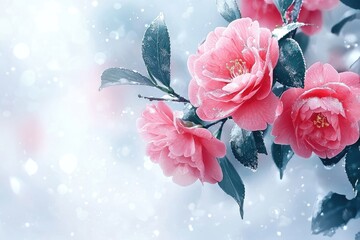 Obraz premium Pink camellia flowers with green leaves against a soft background