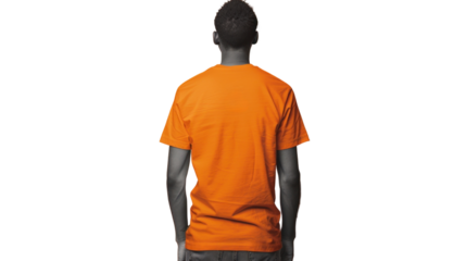Man wearing orange t-shirt standing with his back turned on transparent background