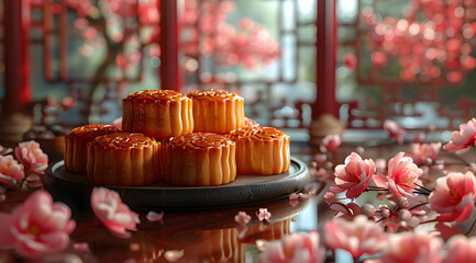 Golden Mooncakes Stacked On A Plate Amidst Pink Flowers