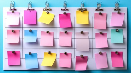 Colorful sticky notes on a grid board