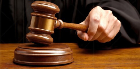 Judge's gavel on wood table, courtroom background. Legal concept