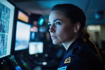 This image shows a person working as an air traffic controller, diligently managing aircraft operations.